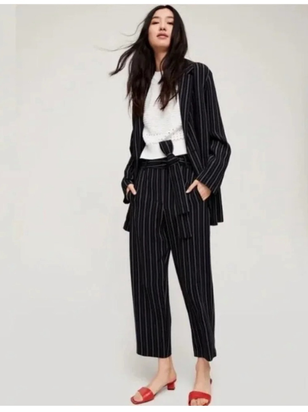 Aritzia Wilfred Jallade Stripe Tie Waist Cropped Pants Black White Size 10